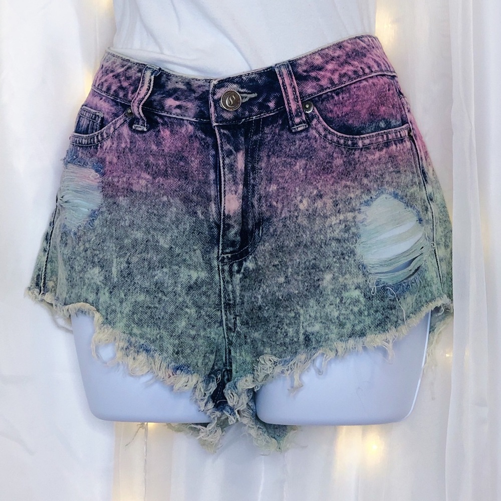 High waisted ombre pink and blue denim shorts